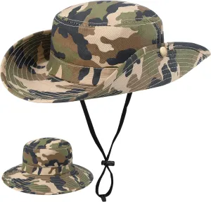 Boys Camouflage Bucket Hat Army-Green Sun Protection Fishing Hat Wide Brim Boonie Hat Chin-Strap for Kids 7-14 Years