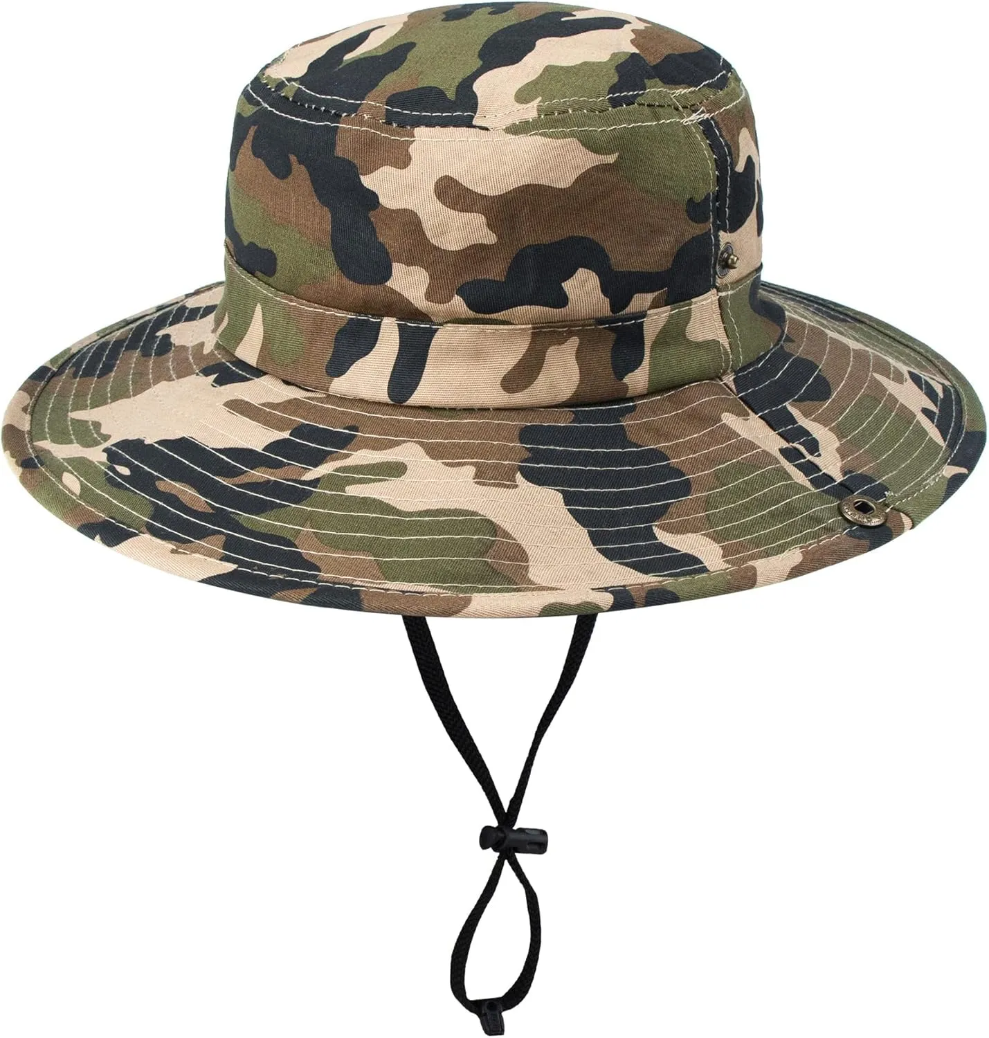 Boys Camouflage Bucket Hat Army-Green Sun Protection Fishing Hat Wide Brim Boonie Hat Chin-Strap for Kids 7-14 Years
