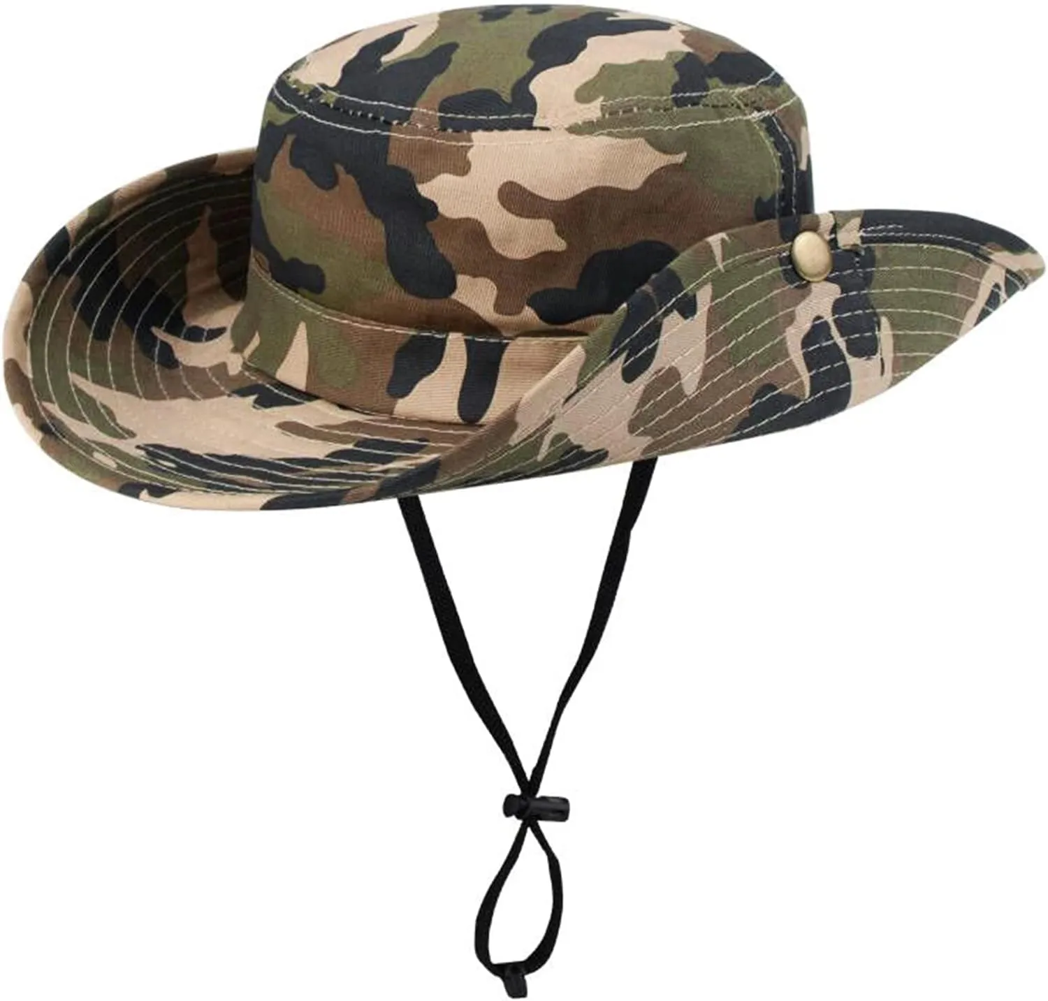 Boys Camouflage Bucket Hat Army-Green Sun Protection Fishing Hat Wide Brim Boonie Hat Chin-Strap for Kids 7-14 Years