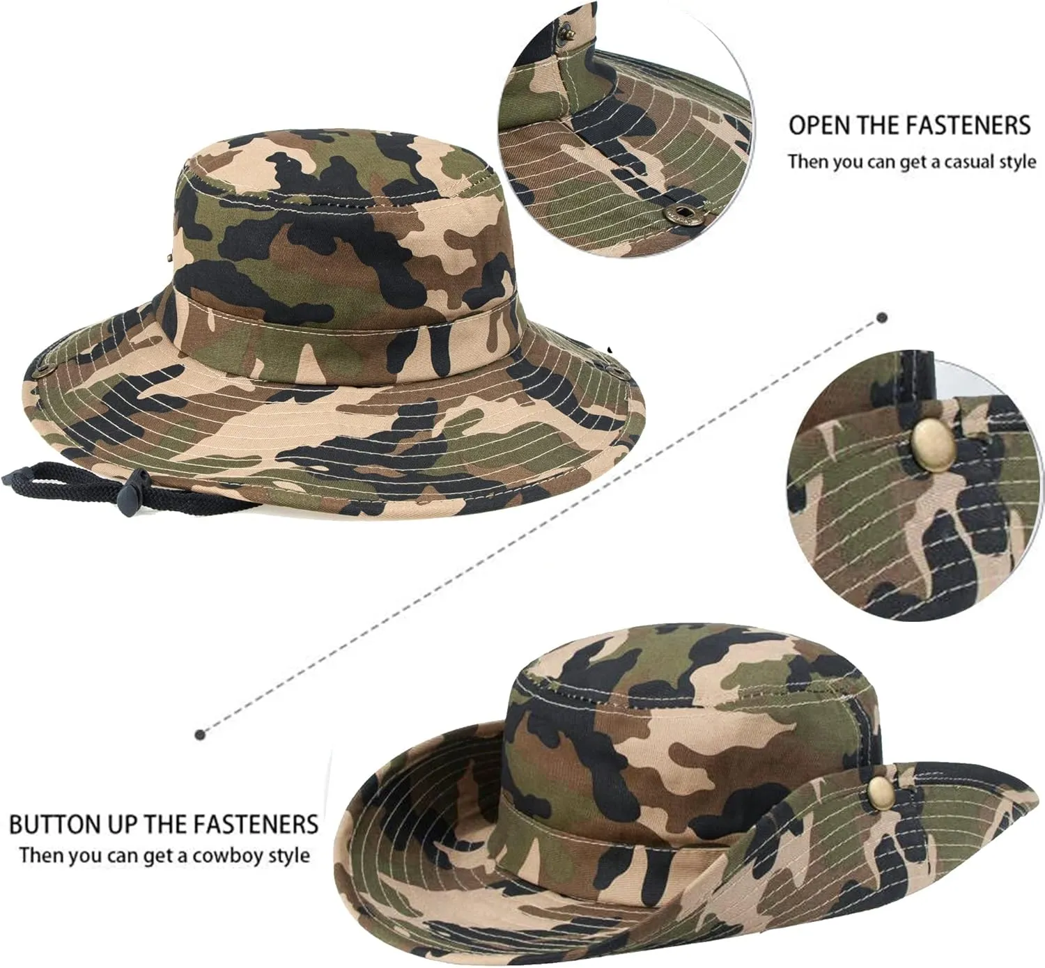Boys Camouflage Bucket Hat Army-Green Sun Protection Fishing Hat Wide Brim Boonie Hat Chin-Strap for Kids 7-14 Years