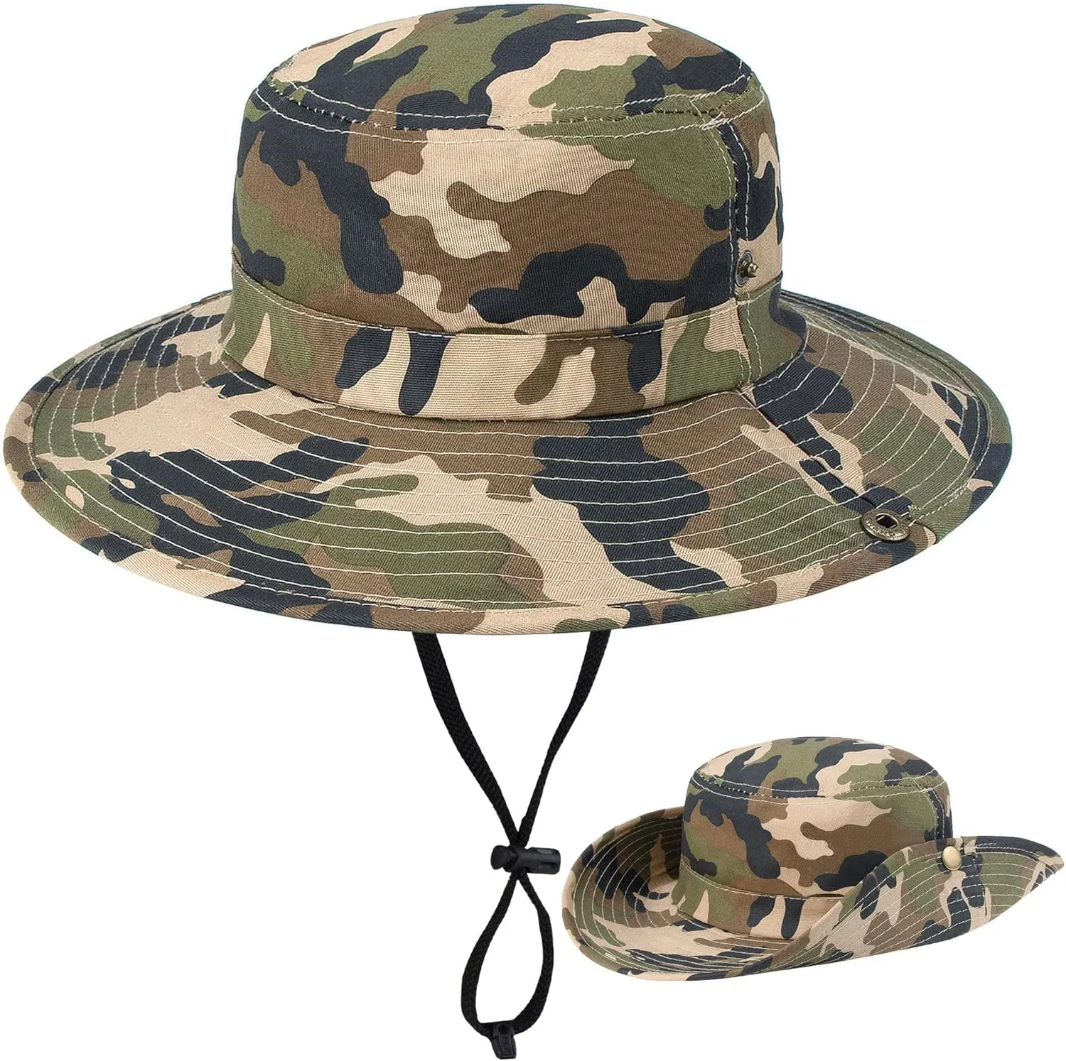 Boys Camouflage Bucket Hat Army-Green Sun Protection Fishing Hat Wide Brim Boonie Hat Chin-Strap for Kids 7-14 Years