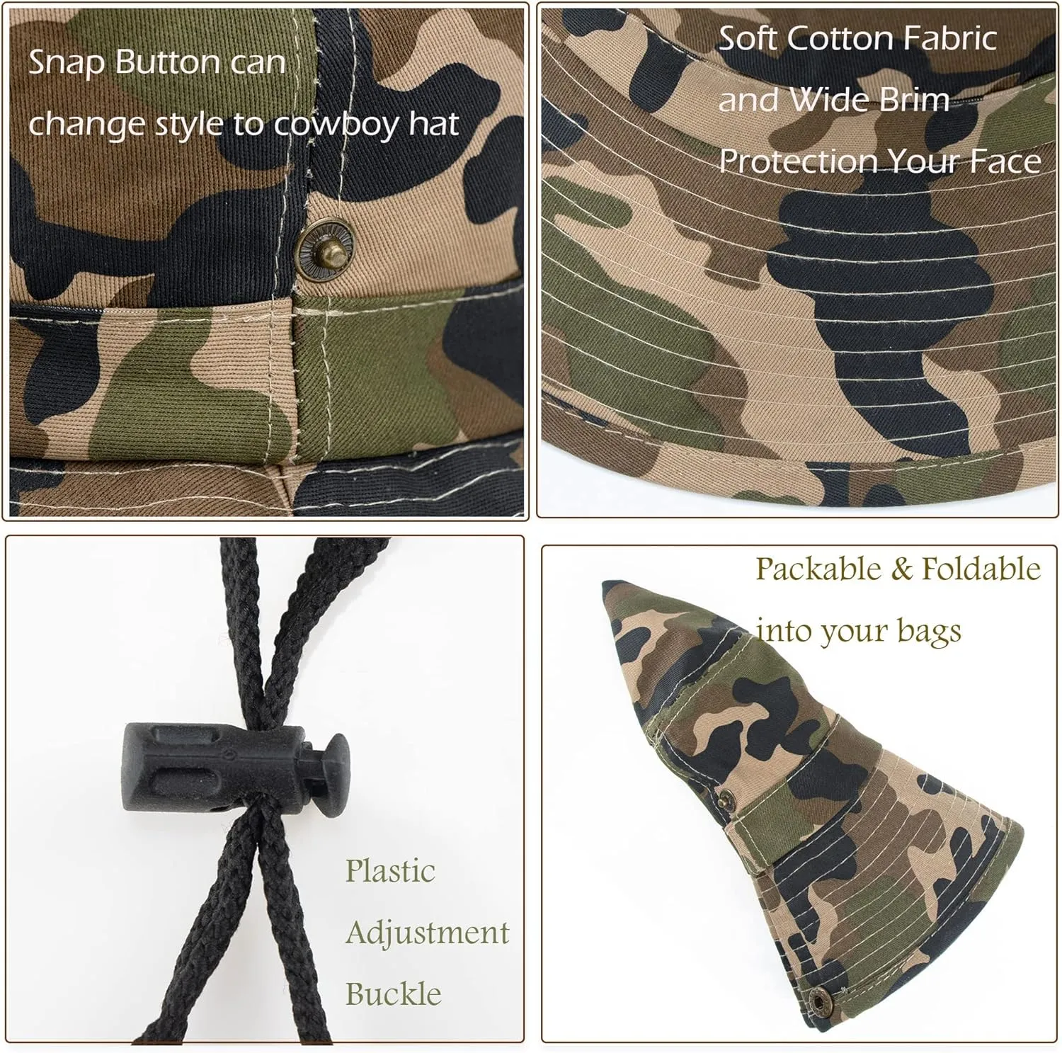 Boys Camouflage Bucket Hat Army-Green Sun Protection Fishing Hat Wide Brim Boonie Hat Chin-Strap for Kids 7-14 Years