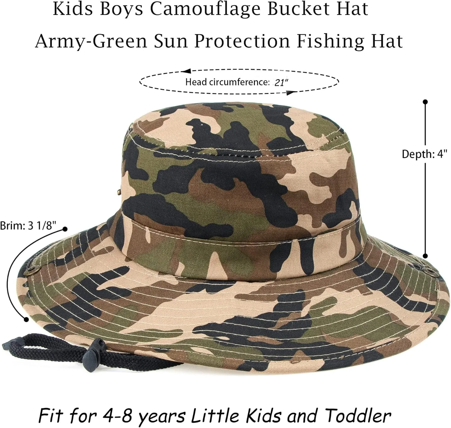 Boys Camouflage Bucket Hat Army-Green Sun Protection Fishing Hat Wide Brim Boonie Hat Chin-Strap for Kids 7-14 Years