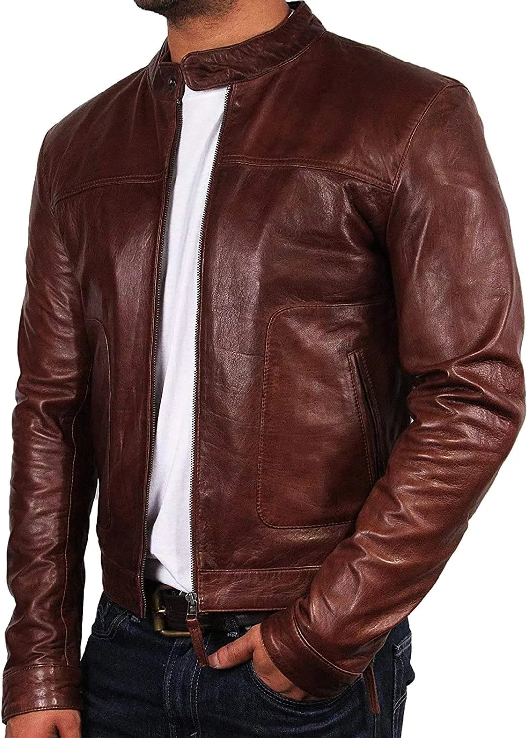 BRANDSLOCK Mens Genuine Biker Leather Jacket Bomber Coat Designer