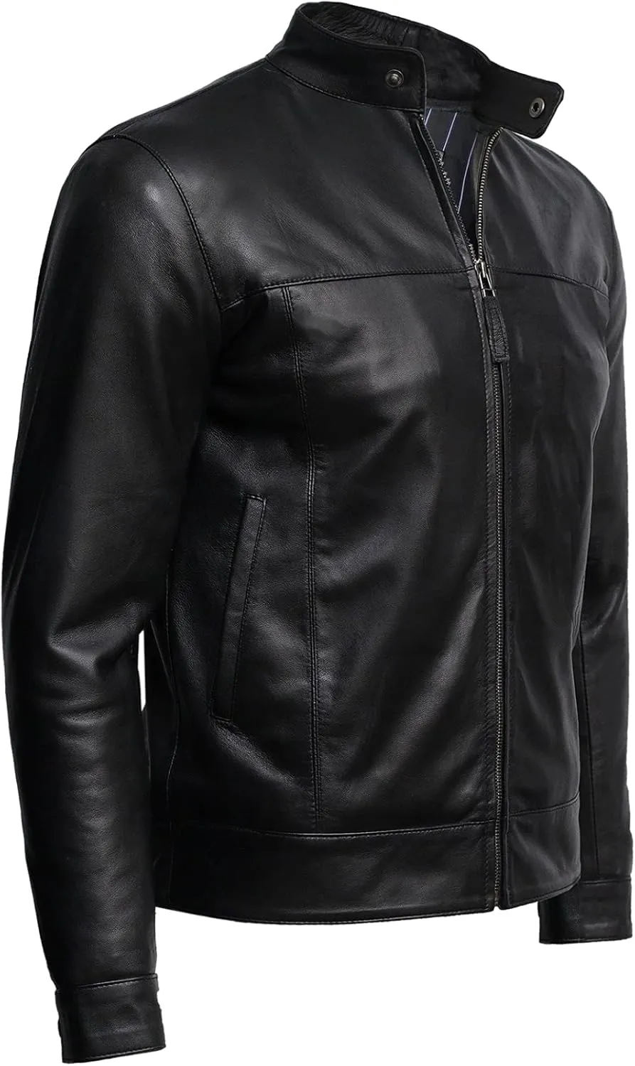 BRANDSLOCK Mens Leather Biker Jacket Black Vintage Look Biker Style Crinkle Retro
