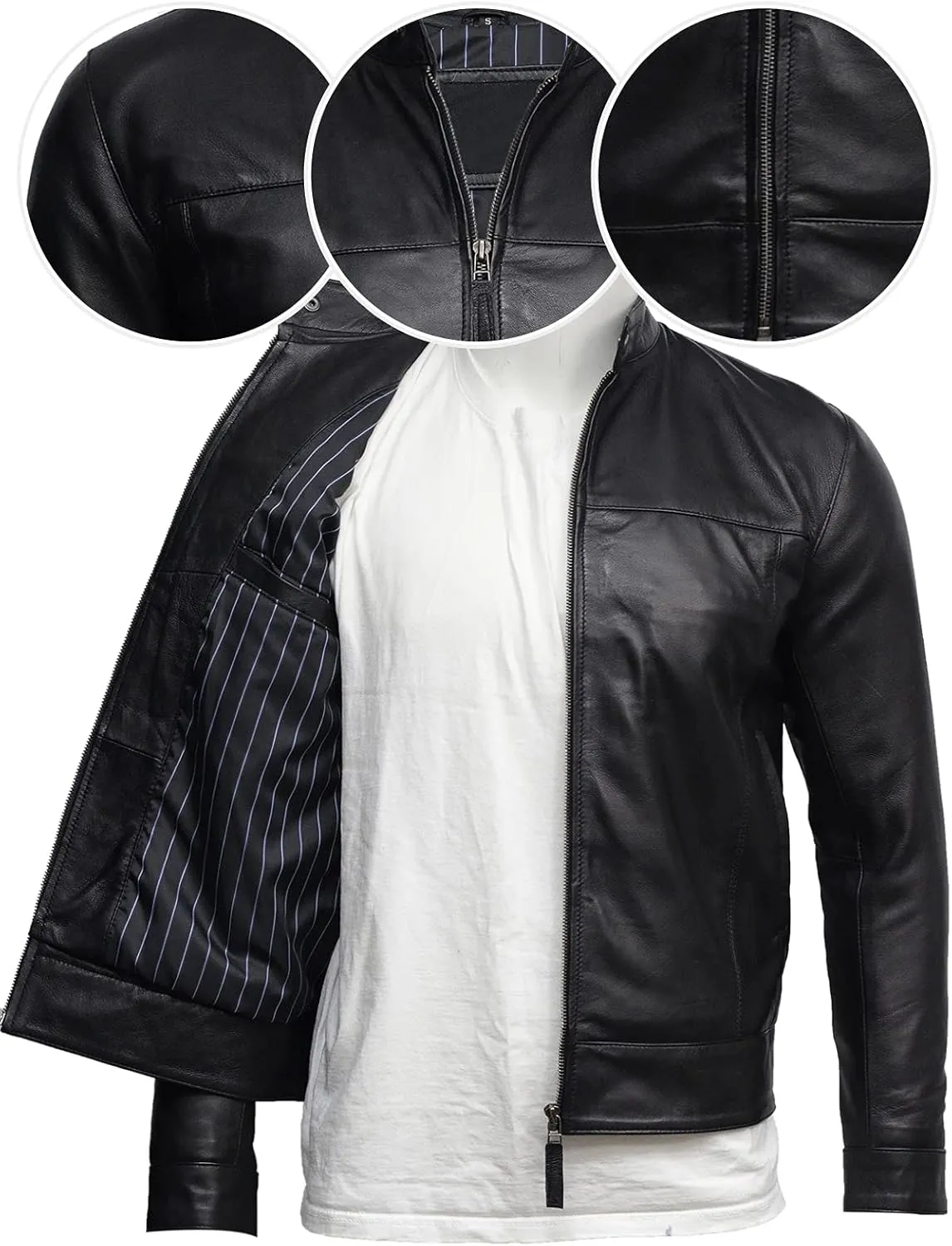 BRANDSLOCK Mens Leather Biker Jacket Black Vintage Look Biker Style Crinkle Retro