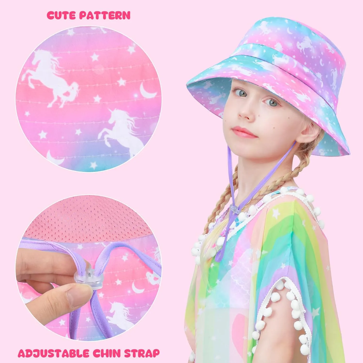 Bucket Hat for Kids Anti-UV Toddler Girls Sun Hats Wide Brim UPF 50  Sun Protection Beach Hat for 2-9 Years