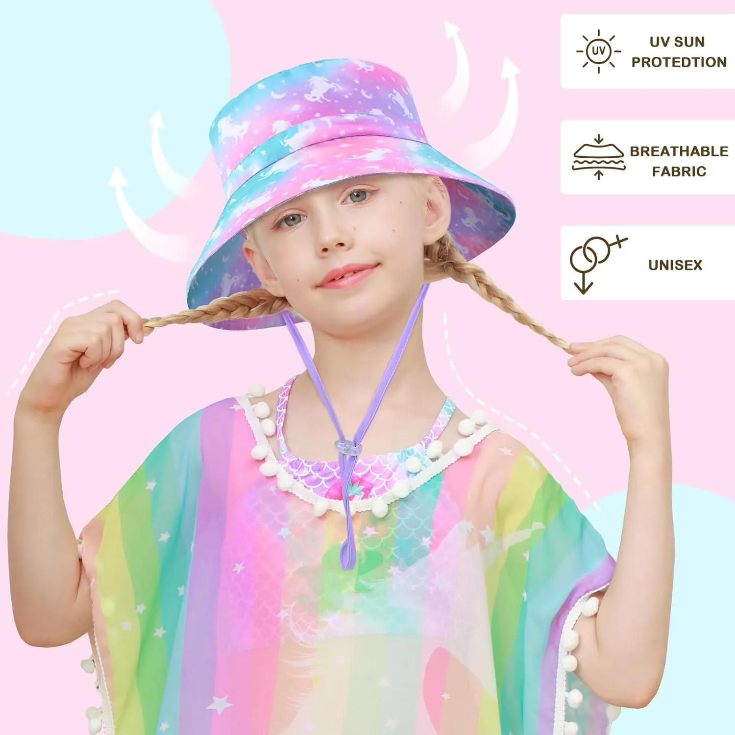 Bucket Hat for Kids Anti-UV Toddler Girls Sun Hats Wide Brim UPF 50  Sun Protection Beach Hat for 2-9 Years