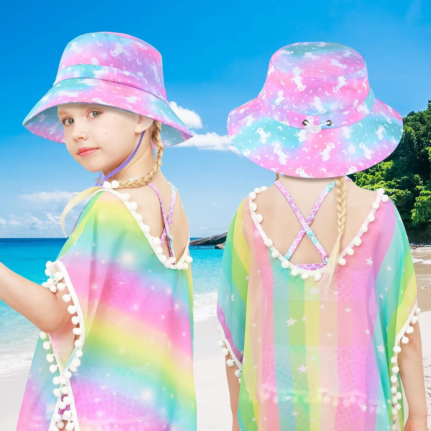 Bucket Hat for Kids Anti-UV Toddler Girls Sun Hats Wide Brim UPF 50  Sun Protection Beach Hat for 2-9 Years