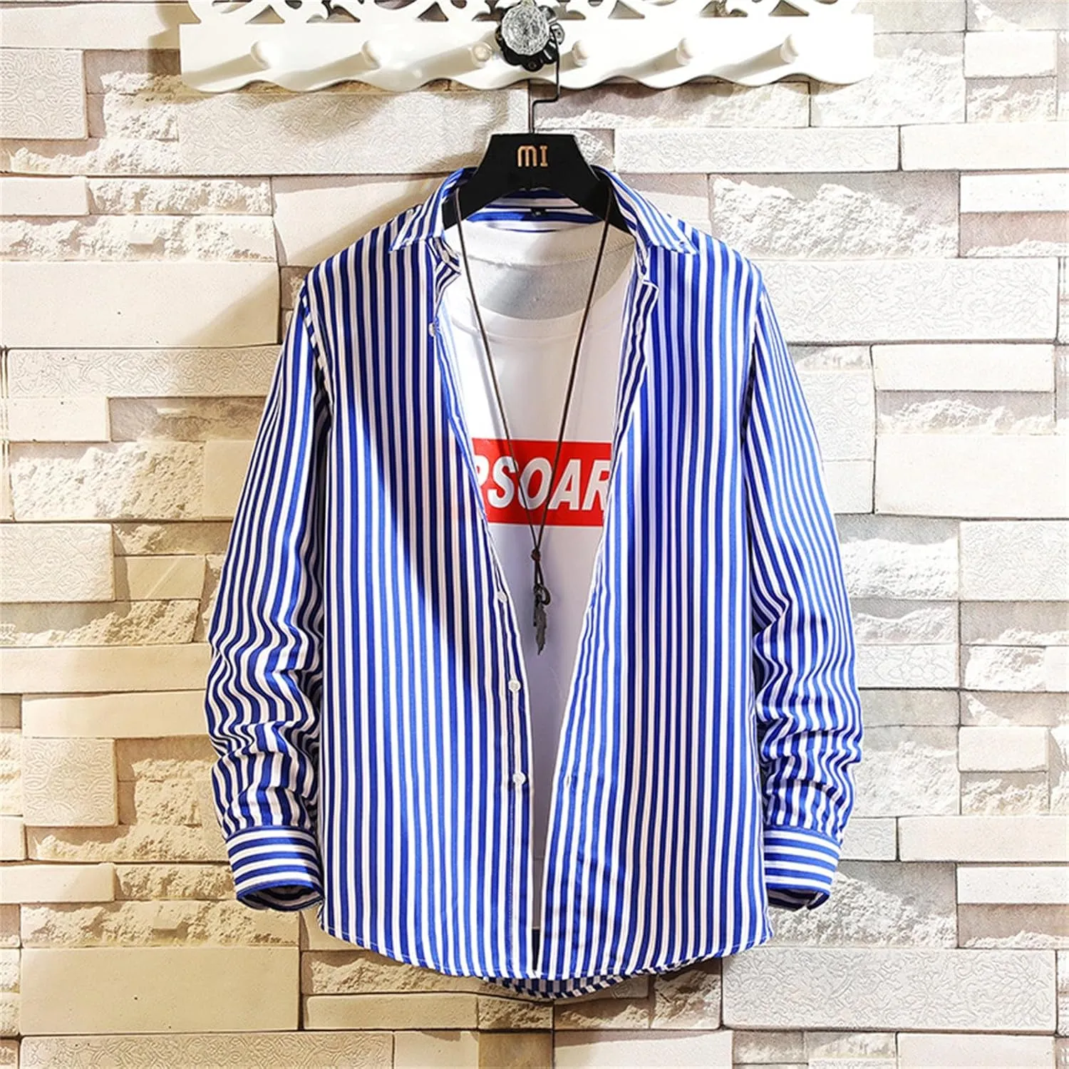 Button Down Shirts for Men Long Sleeve Vertical Striped Plus Size Tops Lightweight Casual Stylish Lapel Blouse