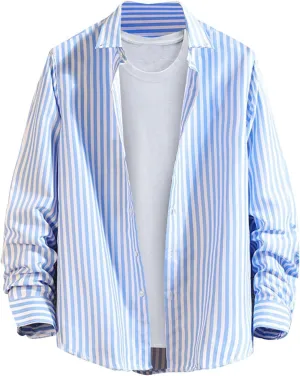 Button Down Shirts for Men Long Sleeve Vertical Striped Plus Size Tops Lightweight Casual Stylish Lapel Blouse