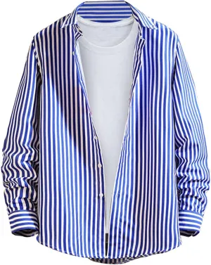 Button Down Shirts for Men Long Sleeve Vertical Striped Plus Size Tops Lightweight Casual Stylish Lapel Blouse