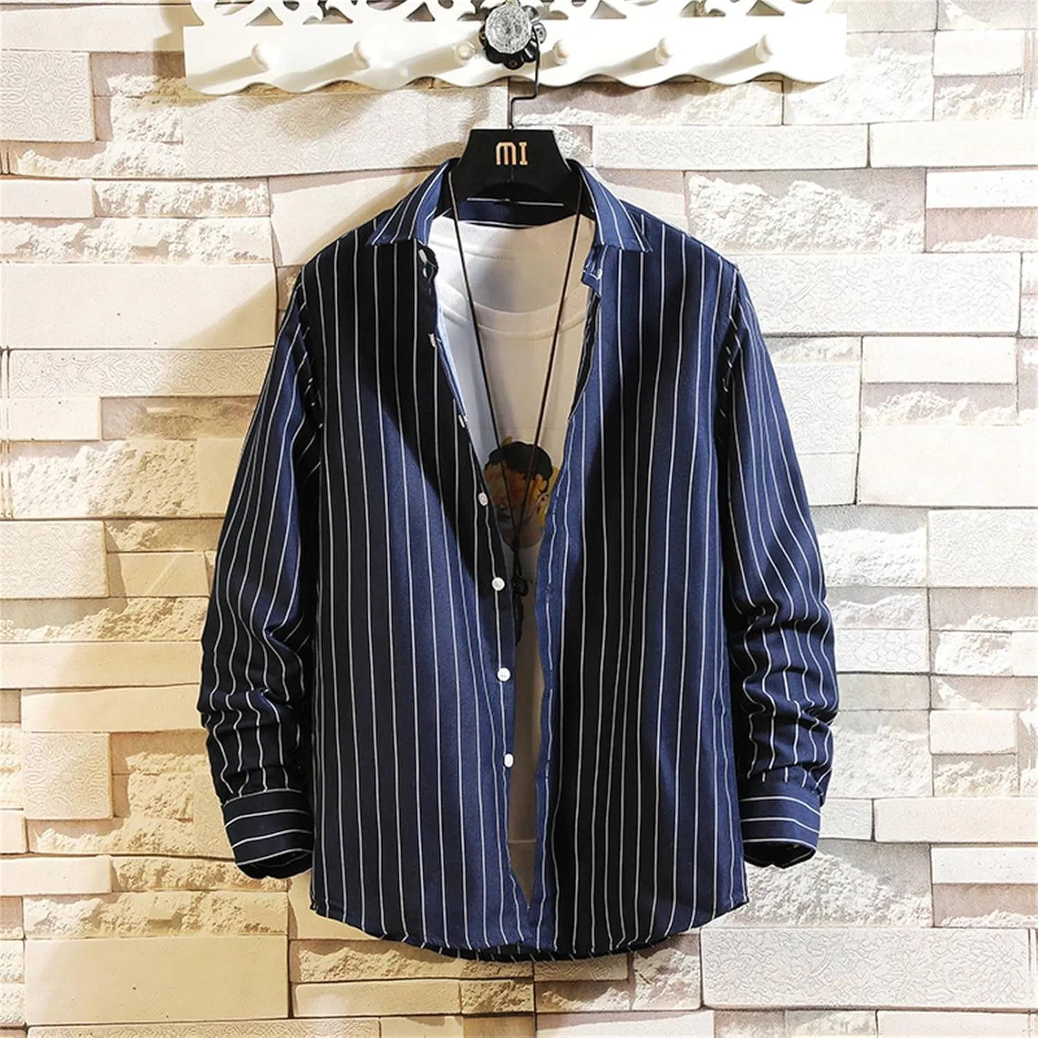 Button Down Shirts for Men Long Sleeve Vertical Striped Plus Size Tops Lightweight Casual Stylish Lapel Blouse