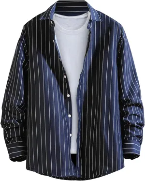 Button Down Shirts for Men Long Sleeve Vertical Striped Plus Size Tops Lightweight Casual Stylish Lapel Blouse