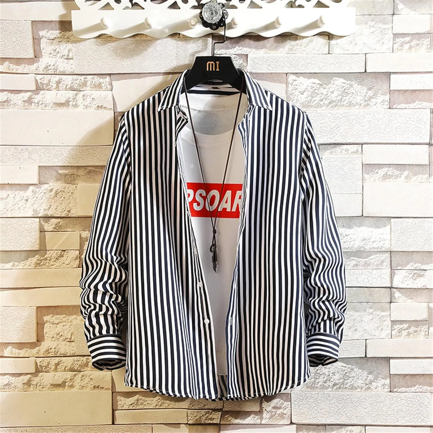 Button Down Shirts for Men Long Sleeve Vertical Striped Plus Size Tops Lightweight Casual Stylish Lapel Blouse
