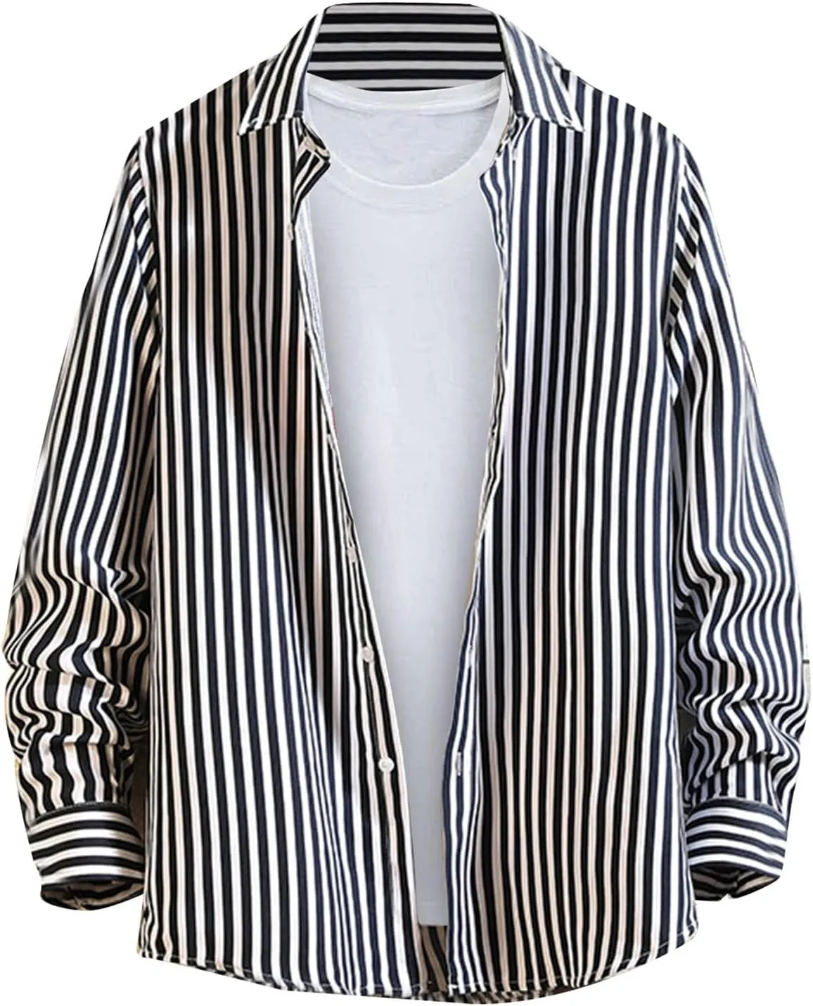 Button Down Shirts for Men Long Sleeve Vertical Striped Plus Size Tops Lightweight Casual Stylish Lapel Blouse