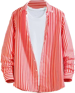 Button Down Shirts for Men Long Sleeve Vertical Striped Plus Size Tops Lightweight Casual Stylish Lapel Blouse