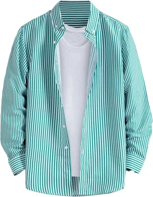 Button Down Shirts for Men Long Sleeve Vertical Striped Plus Size Tops Lightweight Casual Stylish Lapel Blouse