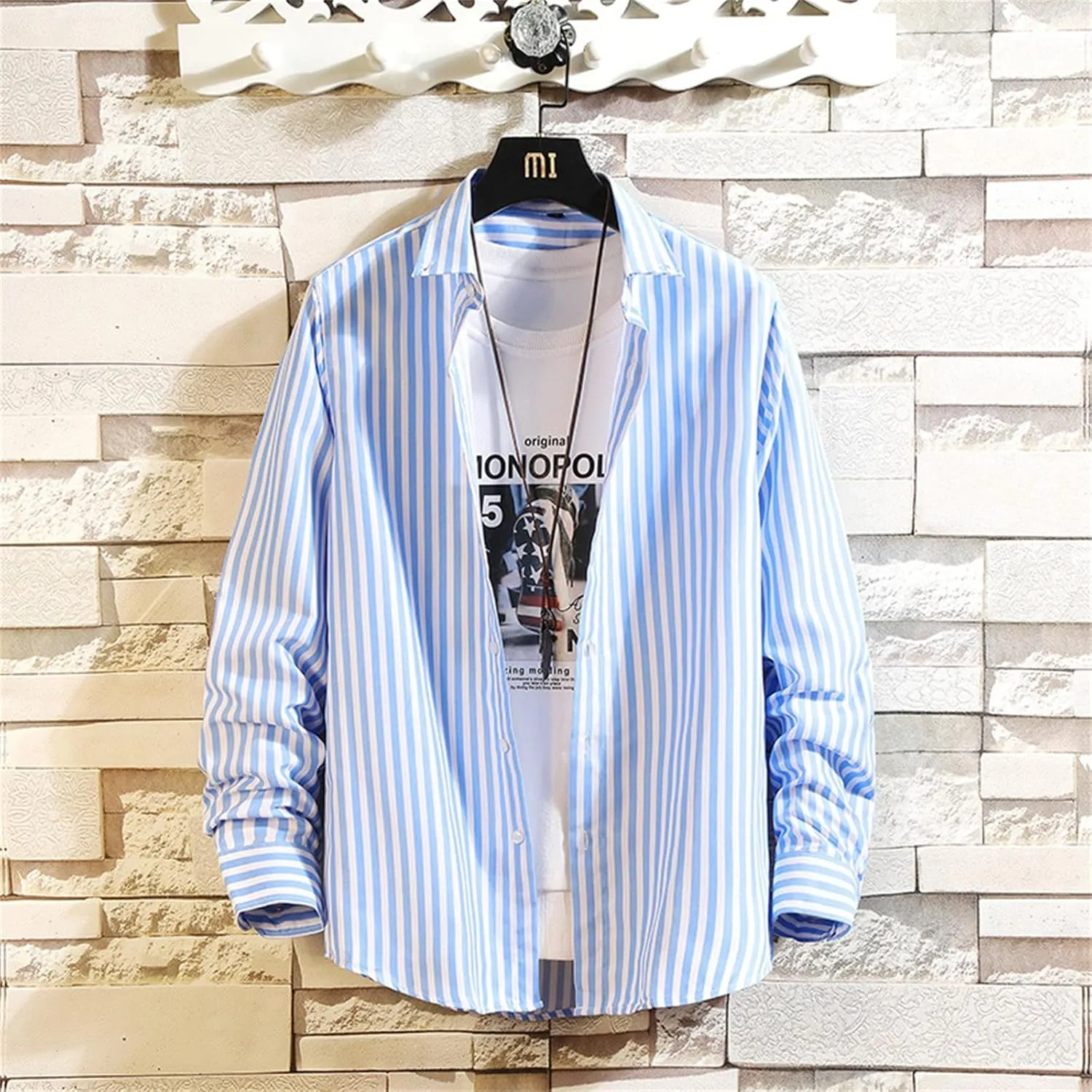 Button Down Shirts for Men Long Sleeve Vertical Striped Plus Size Tops Lightweight Casual Stylish Lapel Blouse