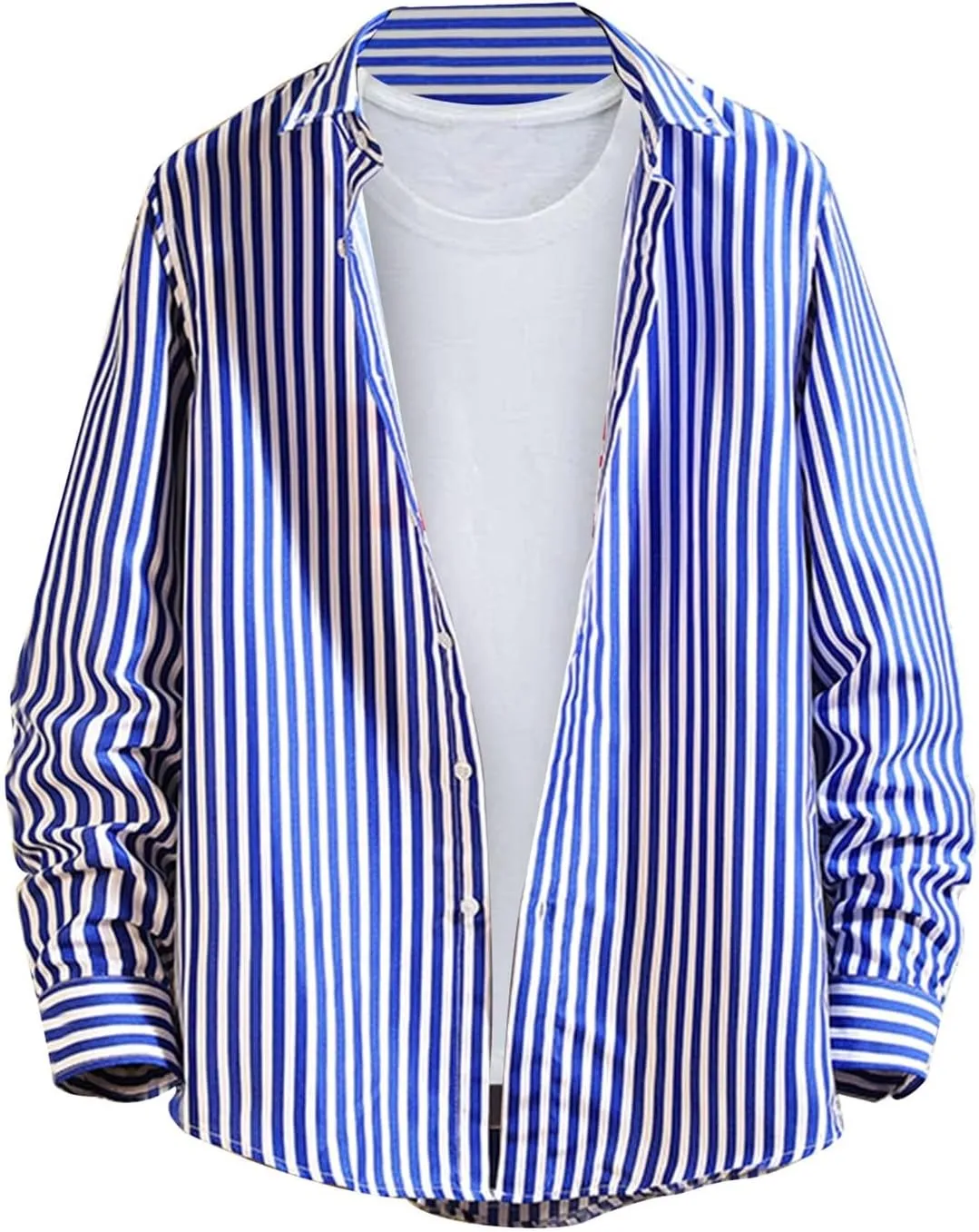 Button Down Shirts for Men Long Sleeve Vertical Striped Plus Size Tops Lightweight Casual Stylish Lapel Blouse