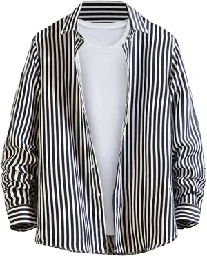 Button Down Shirts for Men Long Sleeve Vertical Striped Plus Size Tops Lightweight Casual Stylish Lapel Blouse