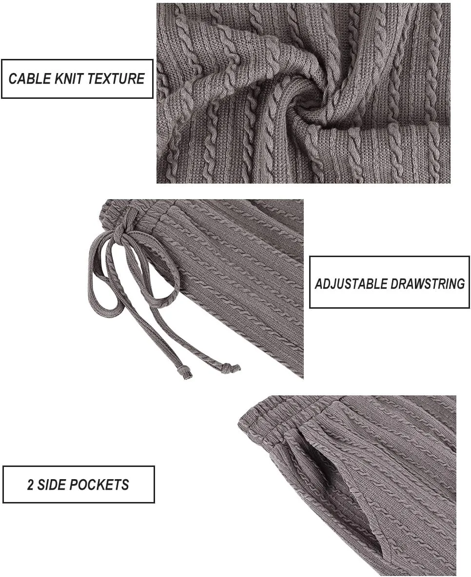CARCOS Plus Size Pants for Women Cable Knit Lounge Pants Elastic High Waist Palazzo Pants Casual Wide Leg Pants with Pockets