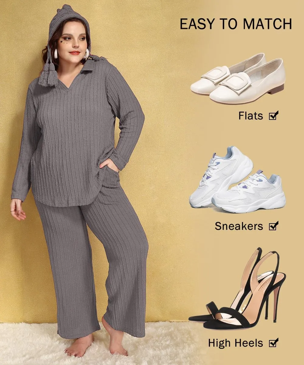 CARCOS Plus Size Pants for Women Cable Knit Lounge Pants Elastic High Waist Palazzo Pants Casual Wide Leg Pants with Pockets