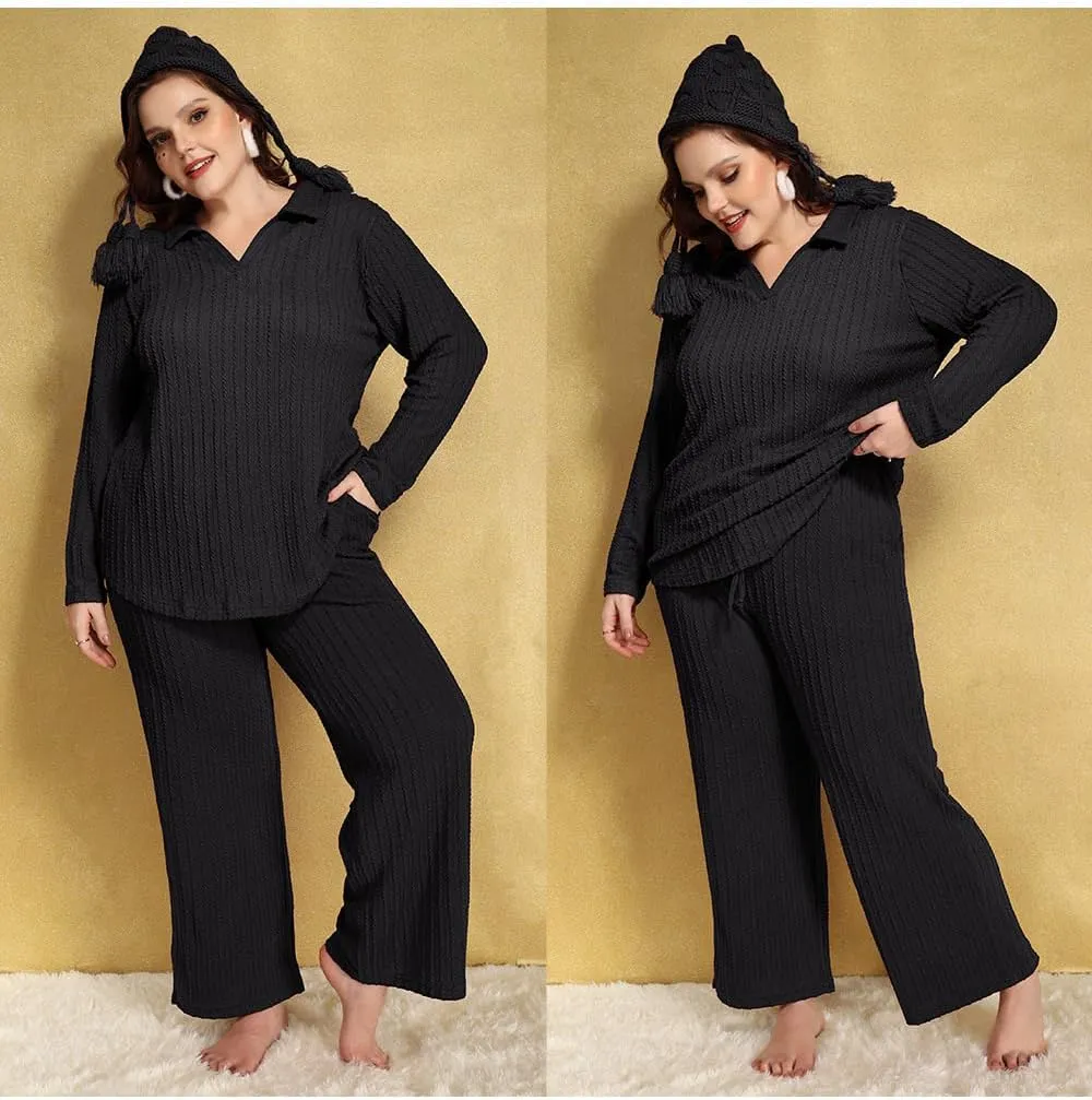 CARCOS Plus Size Pants for Women Cable Knit Lounge Pants Elastic High Waist Palazzo Pants Casual Wide Leg Pants with Pockets