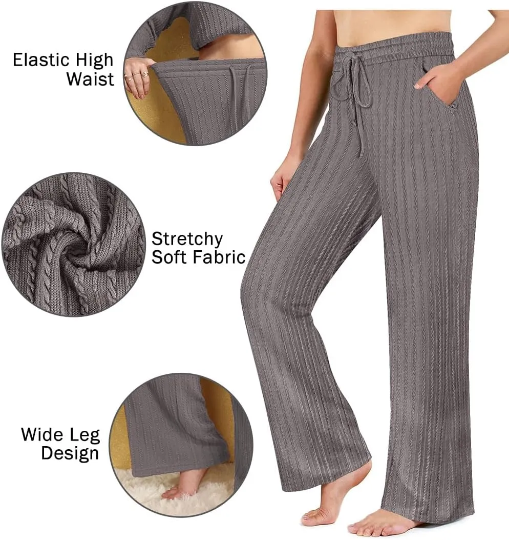 CARCOS Plus Size Pants for Women Cable Knit Lounge Pants Elastic High Waist Palazzo Pants Casual Wide Leg Pants with Pockets