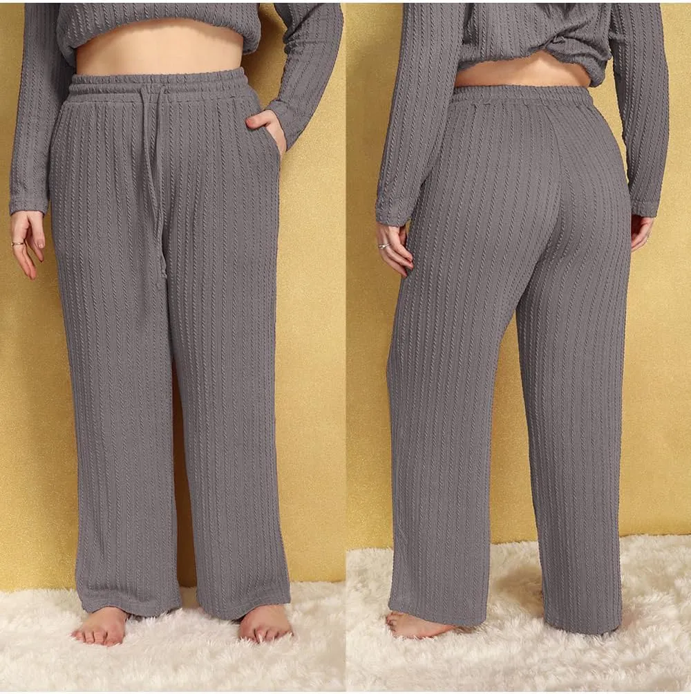 CARCOS Plus Size Pants for Women Cable Knit Lounge Pants Elastic High Waist Palazzo Pants Casual Wide Leg Pants with Pockets