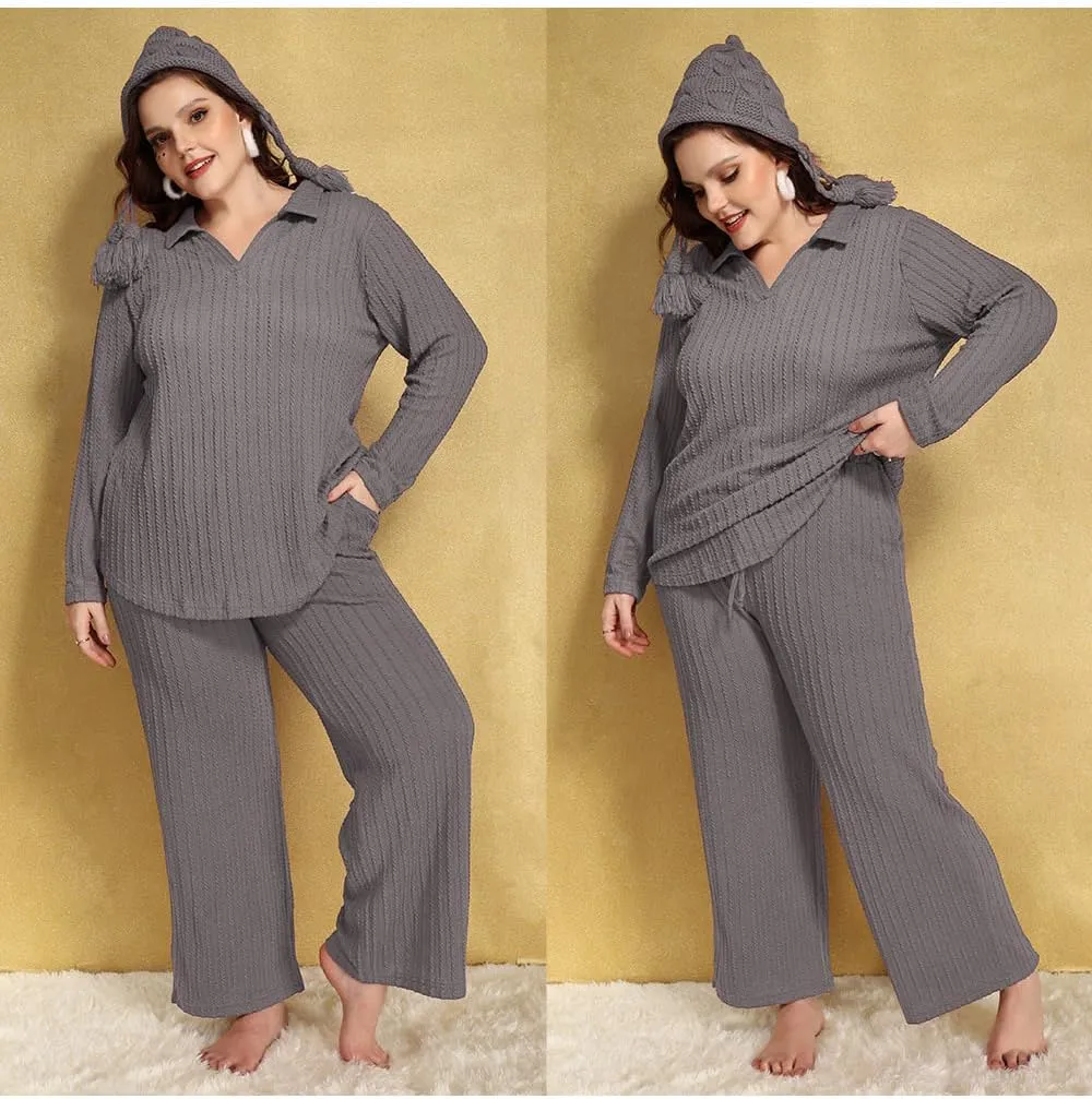 CARCOS Plus Size Pants for Women Cable Knit Lounge Pants Elastic High Waist Palazzo Pants Casual Wide Leg Pants with Pockets