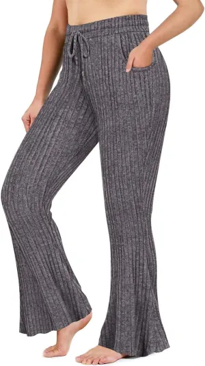 CARCOS Plus Size Pants for Women Ribbed Knit Flare Pants High Waist Lounge Pants Drawstring Wide Leg Trousers with Pockets