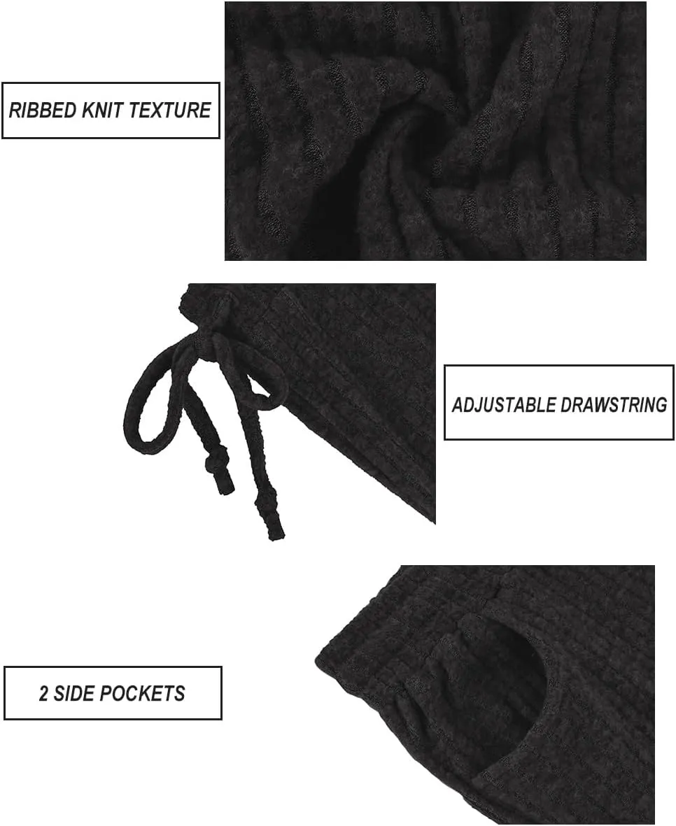 CARCOS Plus Size Pants for Women Ribbed Knit Flare Pants High Waist Lounge Pants Drawstring Wide Leg Trousers with Pockets