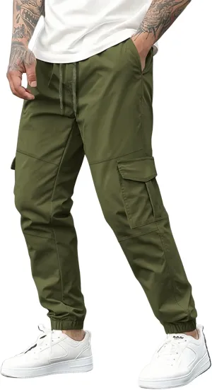Cargo Pants for Men Casual Drawstring Waist Tapered Leg Pants Loose Fit Hiking Travel Pants with Multi Pockets