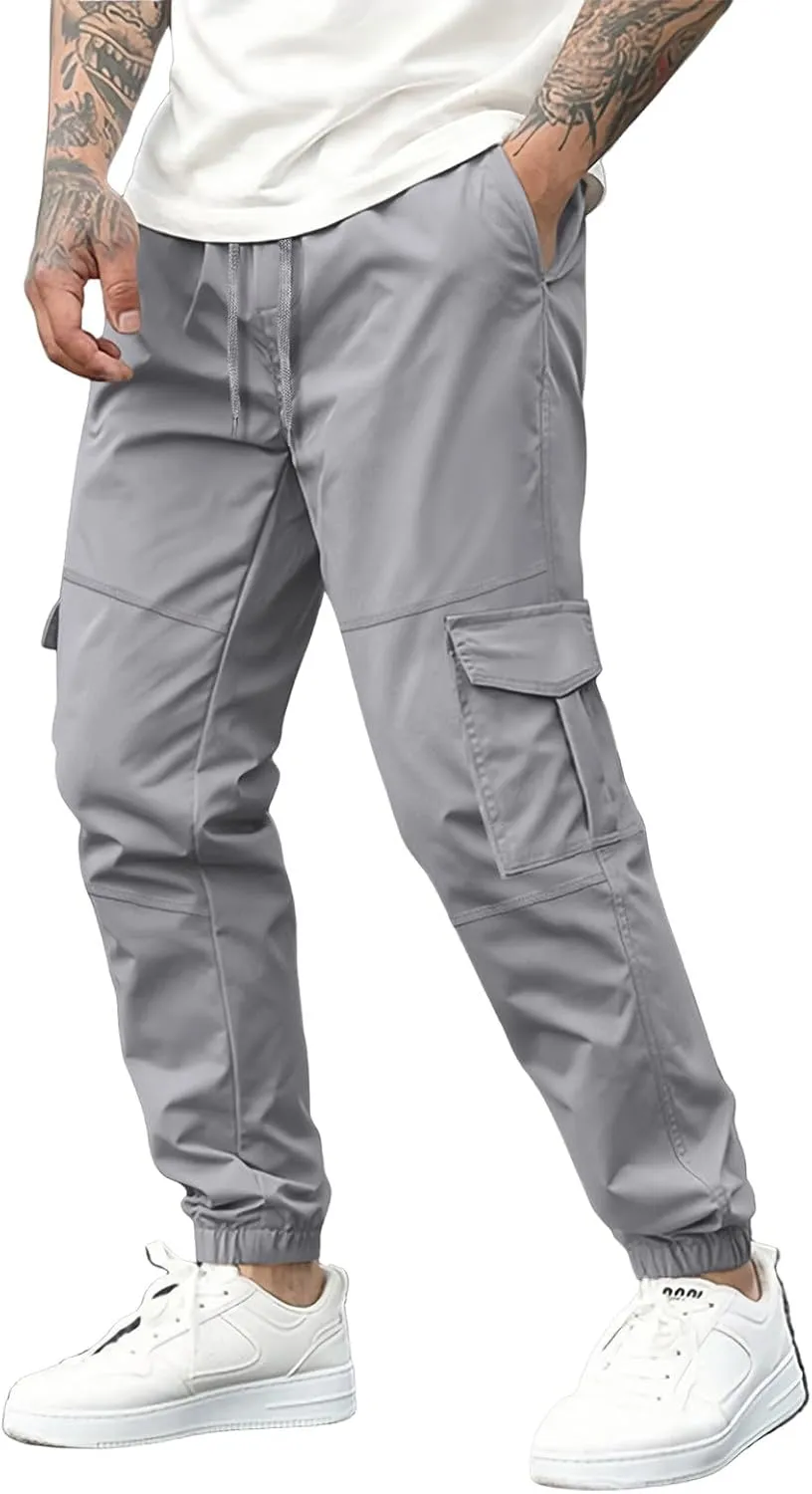 Cargo Pants for Men Casual Drawstring Waist Tapered Leg Pants Loose Fit Hiking Travel Pants with Multi Pockets