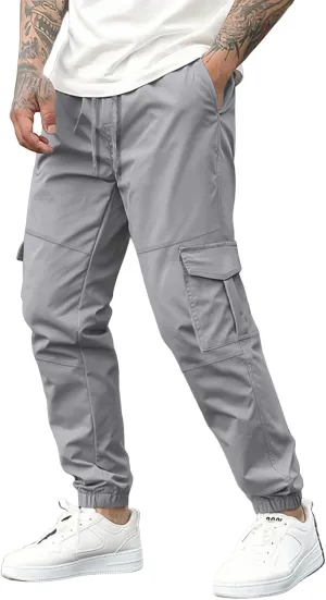 Cargo Pants for Men Casual Drawstring Waist Tapered Leg Pants Loose Fit Hiking Travel Pants with Multi Pockets