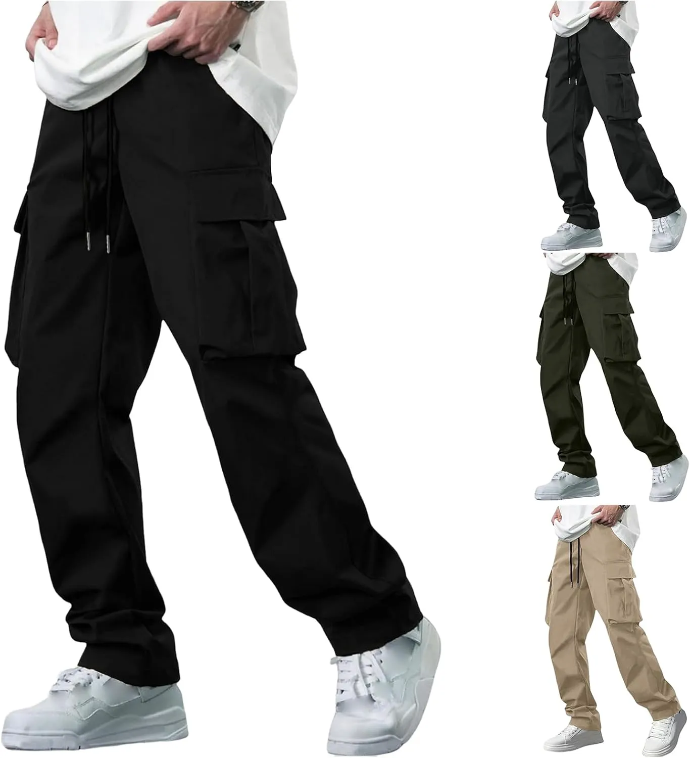 Cargo Pants for Men Drawstring Elastic Waist Sweatpant Baggy Joggers Athletic Pants Relaxed Fit Sweatpant with Pockets