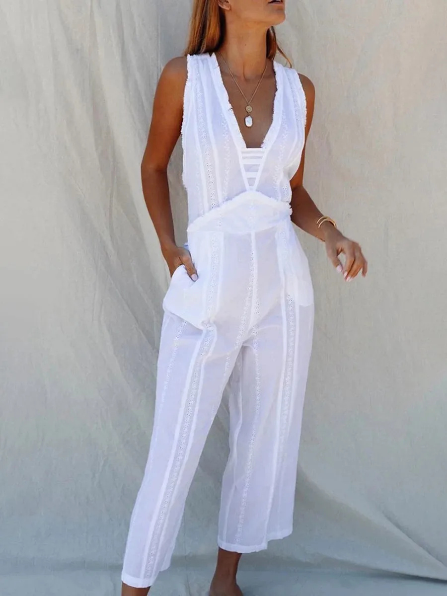 Casual Strap Cotton and Linen Jumpsuit