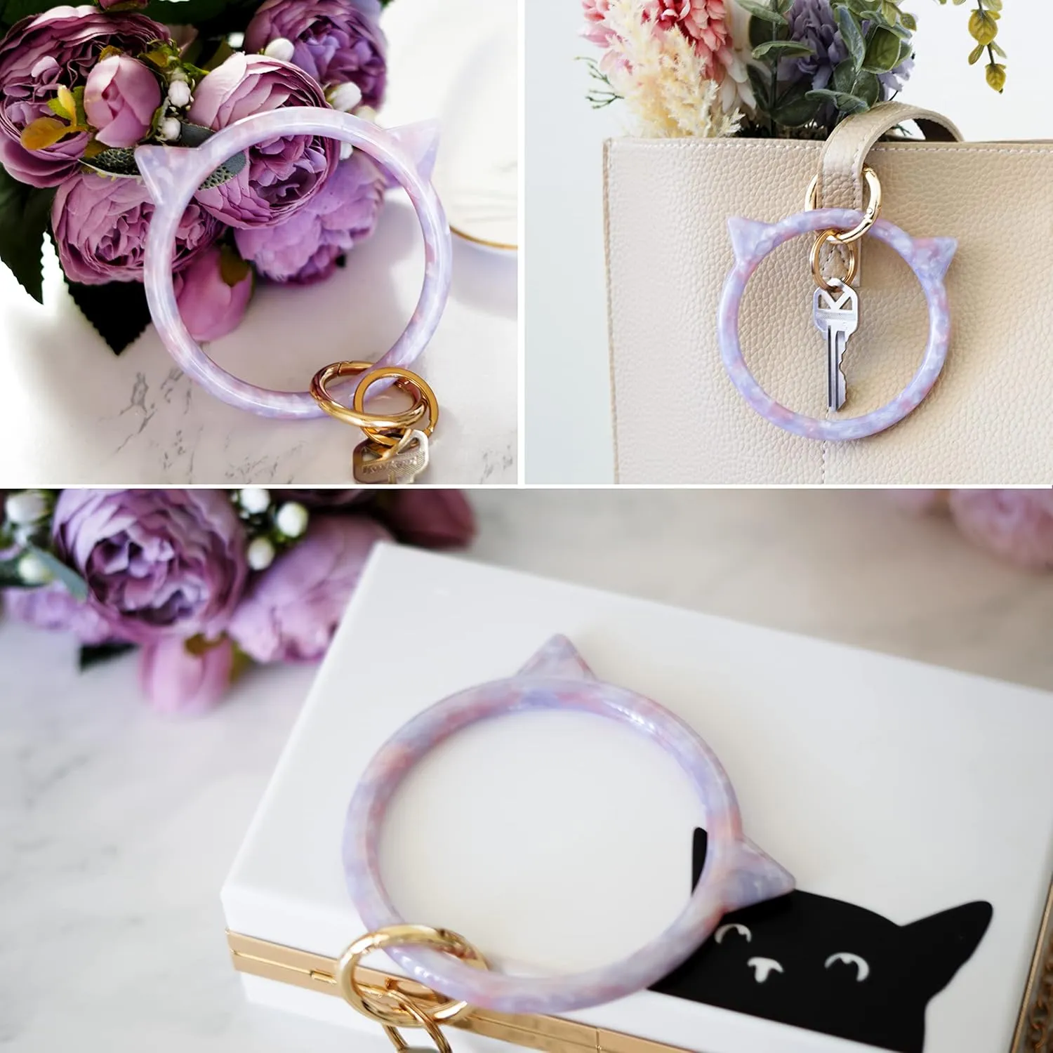 Cat Key Ring Bracelet Wristlet Keychain Keychains Bangle Keyring for Women Girls Key Animal Chain Holder Wrist Car Wallet