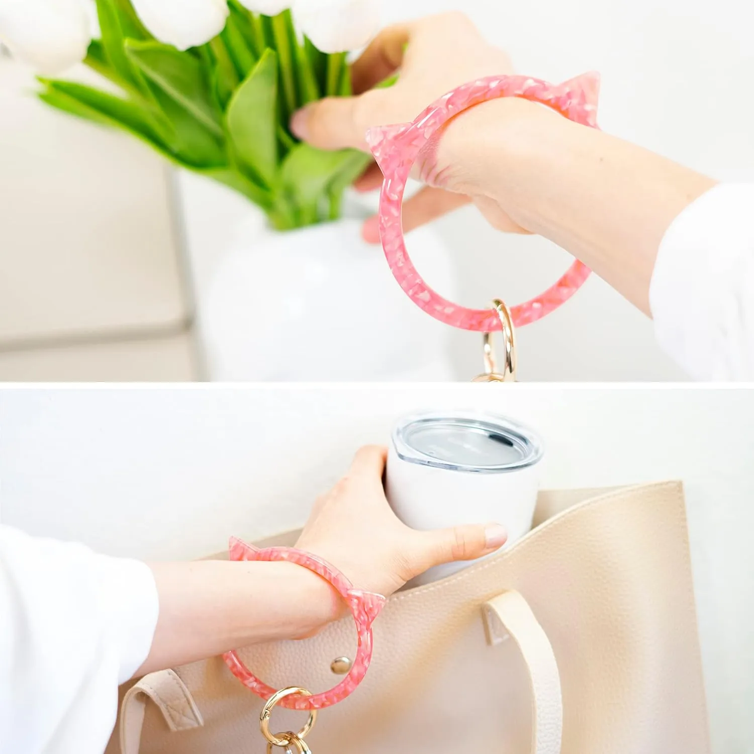 Cat Key Ring Bracelet Wristlet Keychain Keychains Bangle Keyring for Women Girls Key Animal Chain Holder Wrist Car Wallet