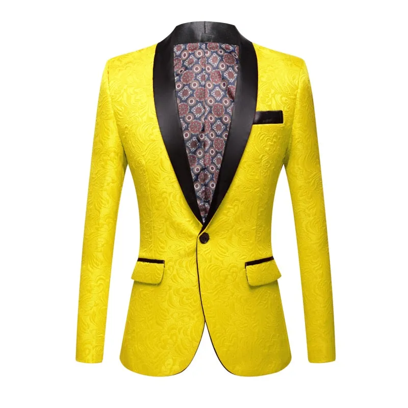 CGSUITS Men's Fashion Luxury Style Jacquard Yellow & Black Tuxedo Blazer Suit Jacket