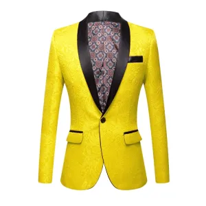 CGSUITS Men's Fashion Luxury Style Jacquard Yellow & Black Tuxedo Blazer Suit Jacket