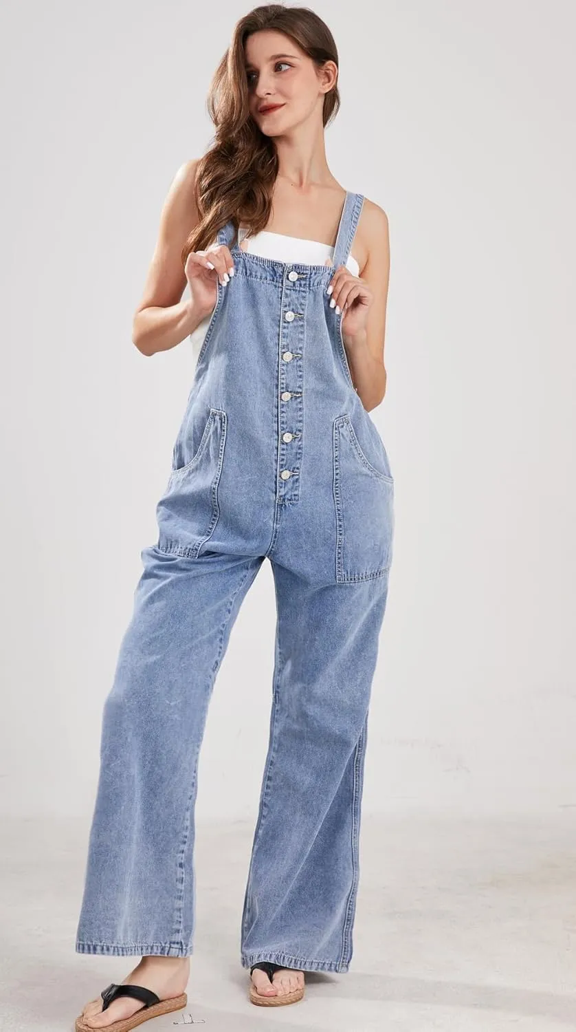 CHARTOU Casual Denim Jumpsuit for Women Overalls Wide Leg Jumpsuit Jeans Denim Bib Overalls Dungaree Pockets