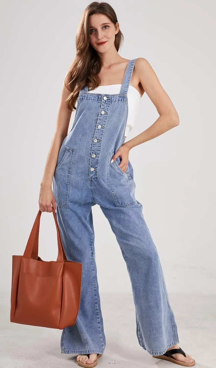 CHARTOU Casual Denim Jumpsuit for Women Overalls Wide Leg Jumpsuit Jeans Denim Bib Overalls Dungaree Pockets