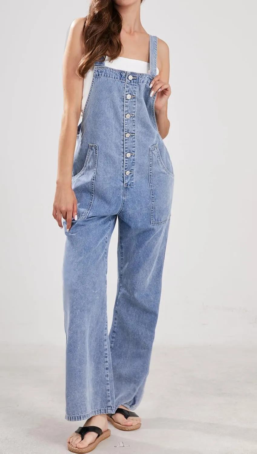 CHARTOU Casual Denim Jumpsuit for Women Overalls Wide Leg Jumpsuit Jeans Denim Bib Overalls Dungaree Pockets