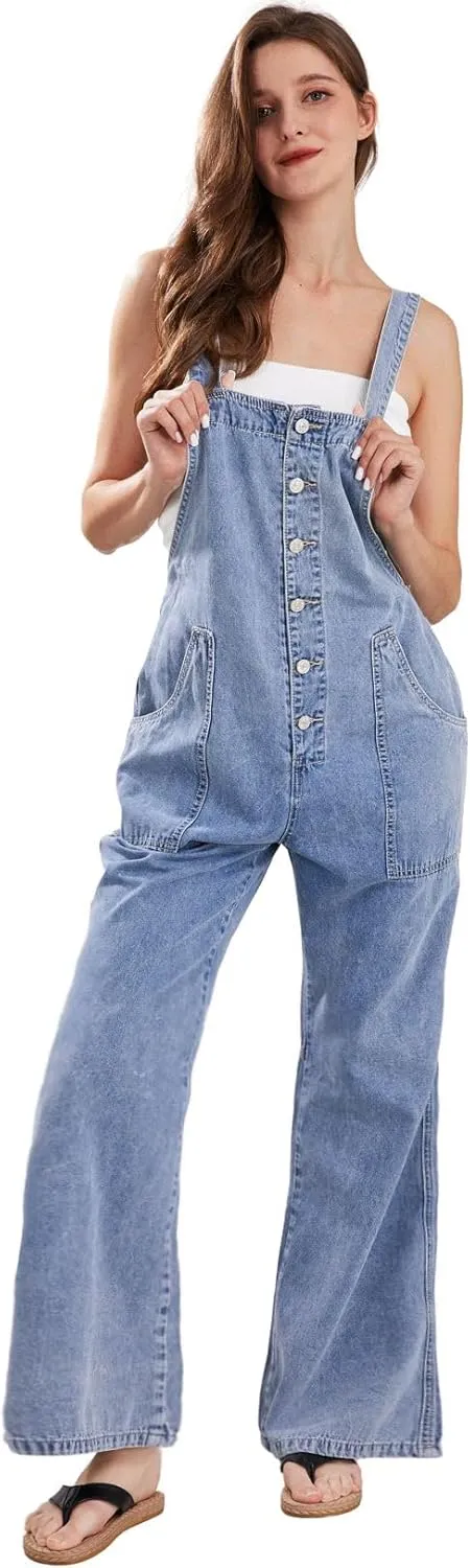 CHARTOU Casual Denim Jumpsuit for Women Overalls Wide Leg Jumpsuit Jeans Denim Bib Overalls Dungaree Pockets