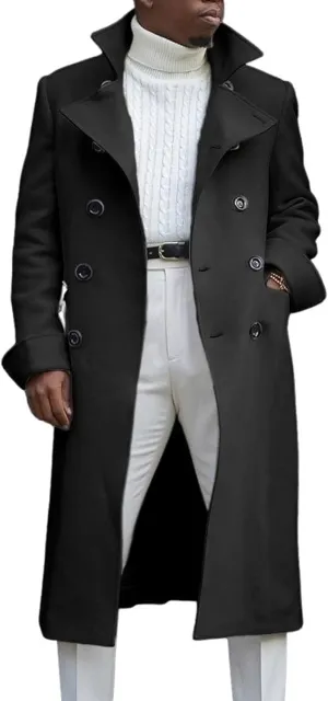 CHARTOU Men's Double-Breast Cotton Blend Midi Long Trench Coat Pea Coat