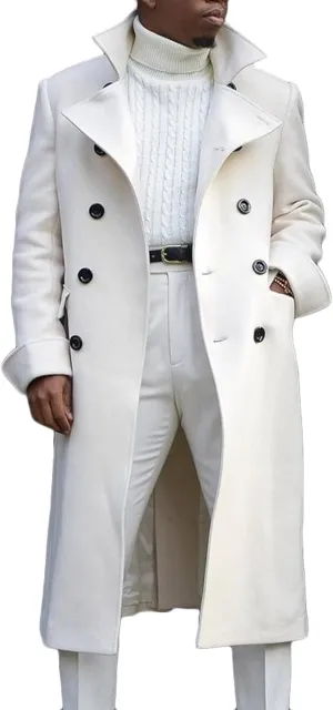 CHARTOU Men's Double-Breast Cotton Blend Midi Long Trench Coat Pea Coat