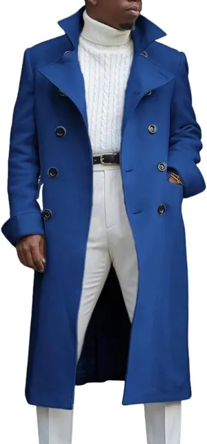 CHARTOU Men's Double-Breast Cotton Blend Midi Long Trench Coat Pea Coat
