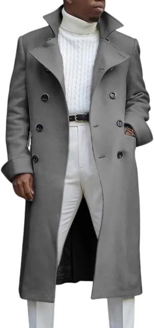 CHARTOU Men's Double-Breast Cotton Blend Midi Long Trench Coat Pea Coat